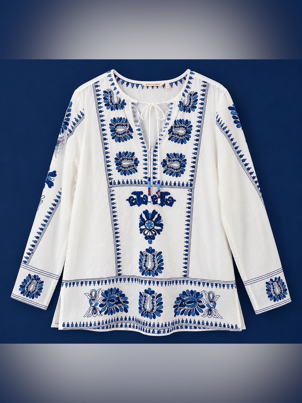 Soft Surroundings Blue & White Embroidered Tunic Blouse Boho Floral Tie Neck L